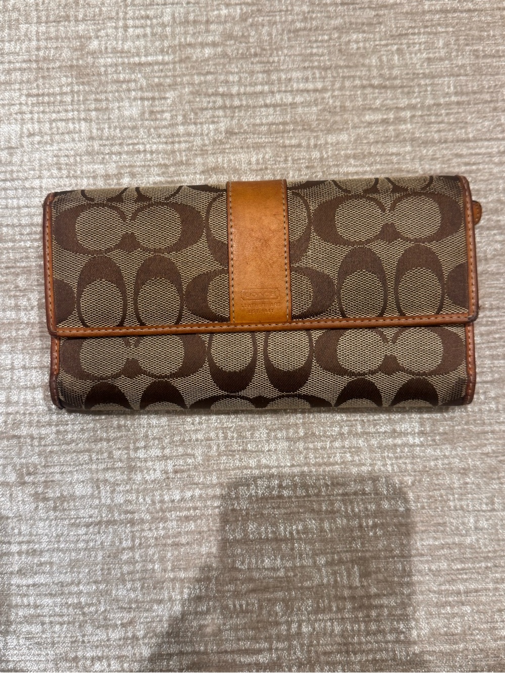 Coach Brown Signature Canvas Continental Wallet with Tan Leather Trim